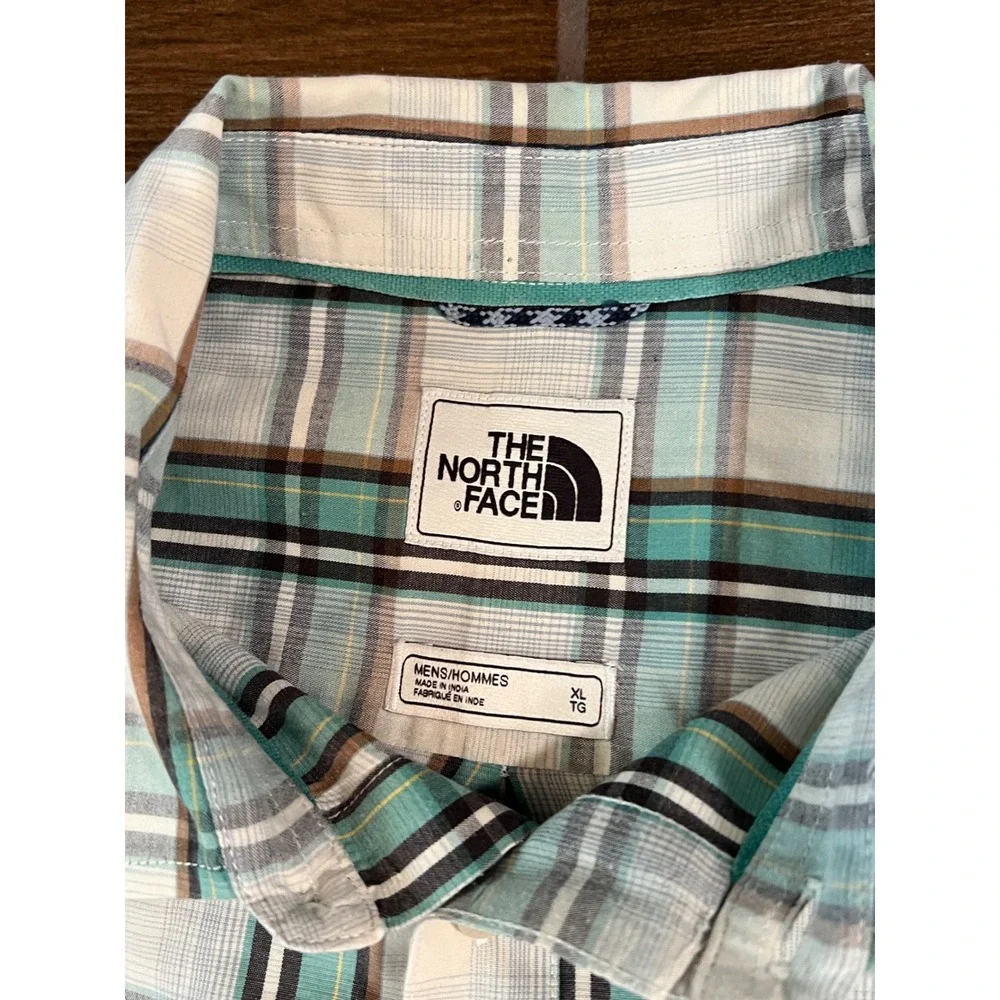 The North Face Mens XL Short Sleeve Plaid Button Down Shirt Teal White Brown